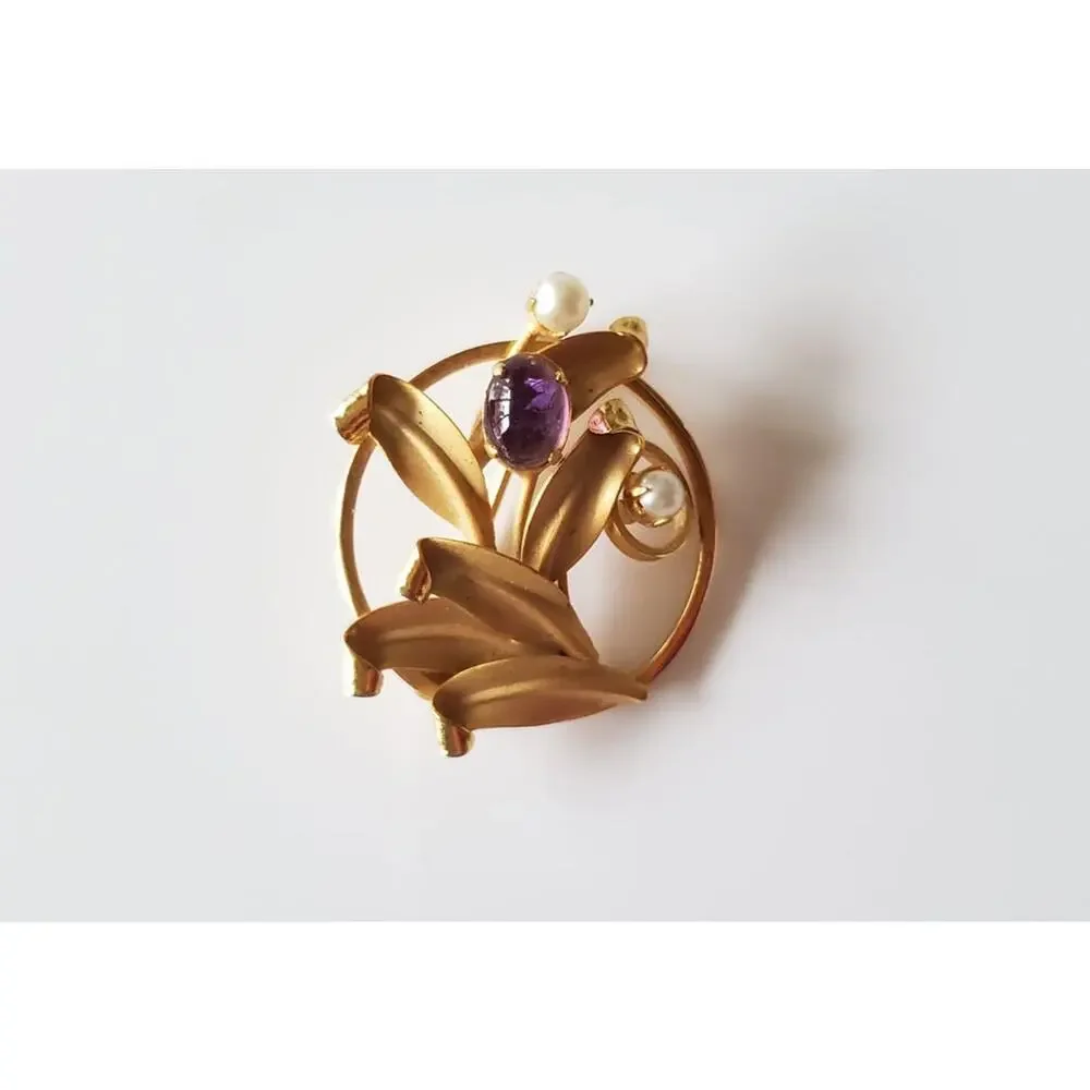 Vintage Purple Stone and Pearl Lily Brooch